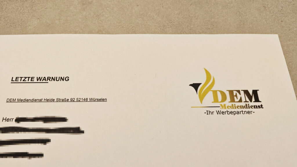 Aussehen eines Schreibens der DEM Mediendienst LLC